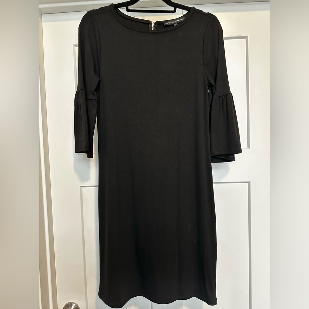 White House Black Market worn 1x Black a-line dress Sz SM with 3/4 bell sleeves.